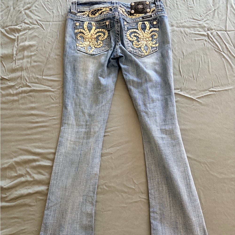 Miss Me Light Blue Flare Jeans with Gold Accents